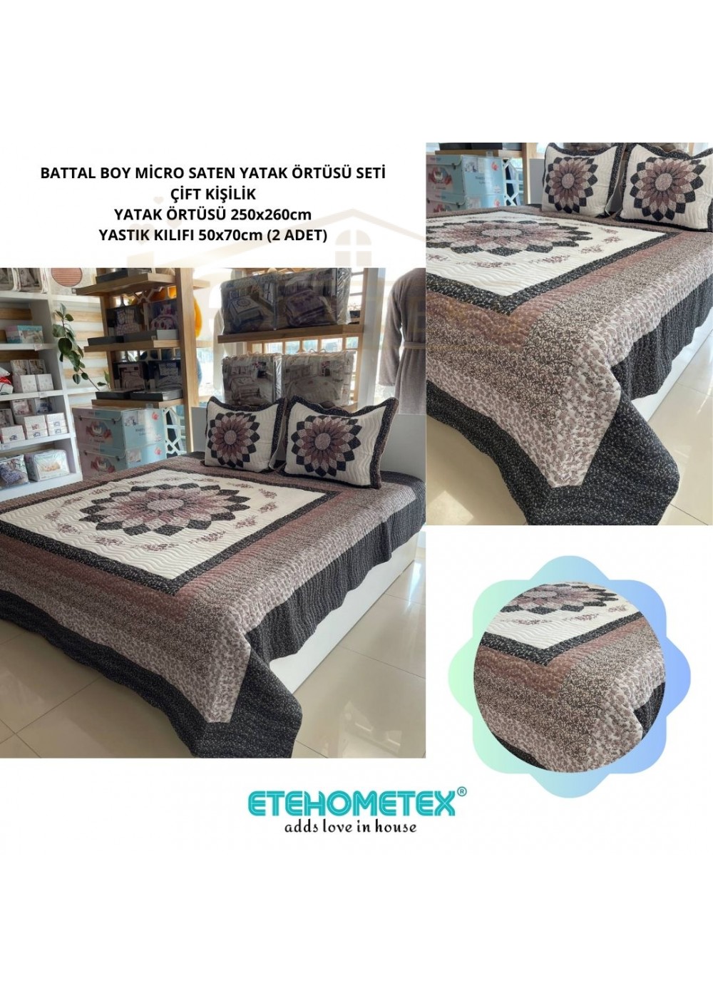 ETEHOMETEX ÇİFT KİŞİLİK KAPİTONELİ YATAK ÖRTÜSÜ SETİ GLORİA KAHVE 8696474231921 ETEHOMETEX ÇİFT KİŞİLİK KAPİTONELİ YATAK ÖRTÜSÜ SETİ GLORİA KAHVE 8696474231921
